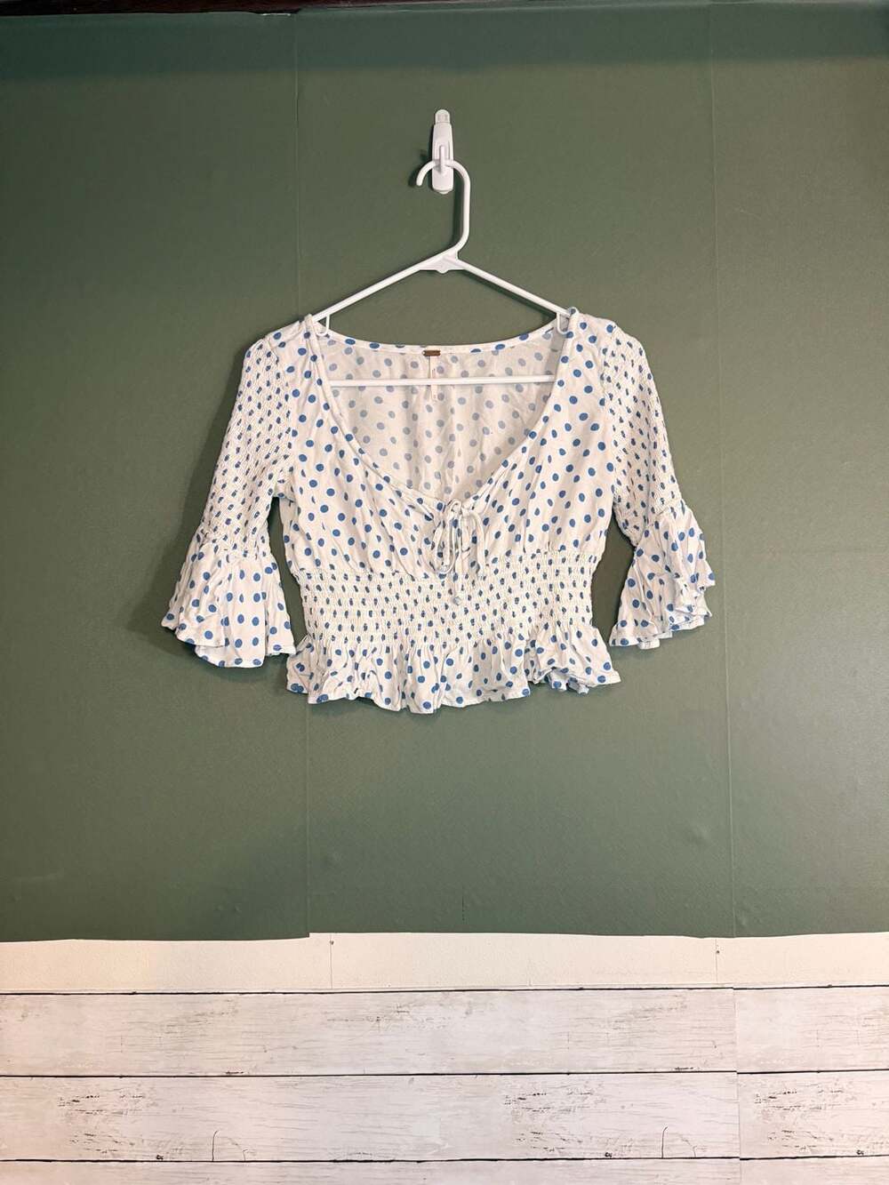 Free People Polka Dot Top Size XS Blue White Smocked Crop Blouse